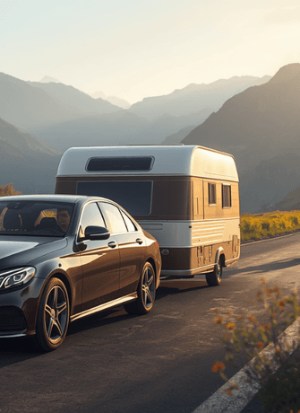 AI Image Mercedes Benz Car, A Motorhome and Motorcycle on the Road v1 web