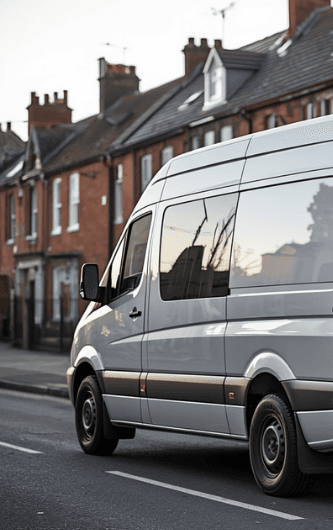 Delivery van on the road with van doors open 706 x 530